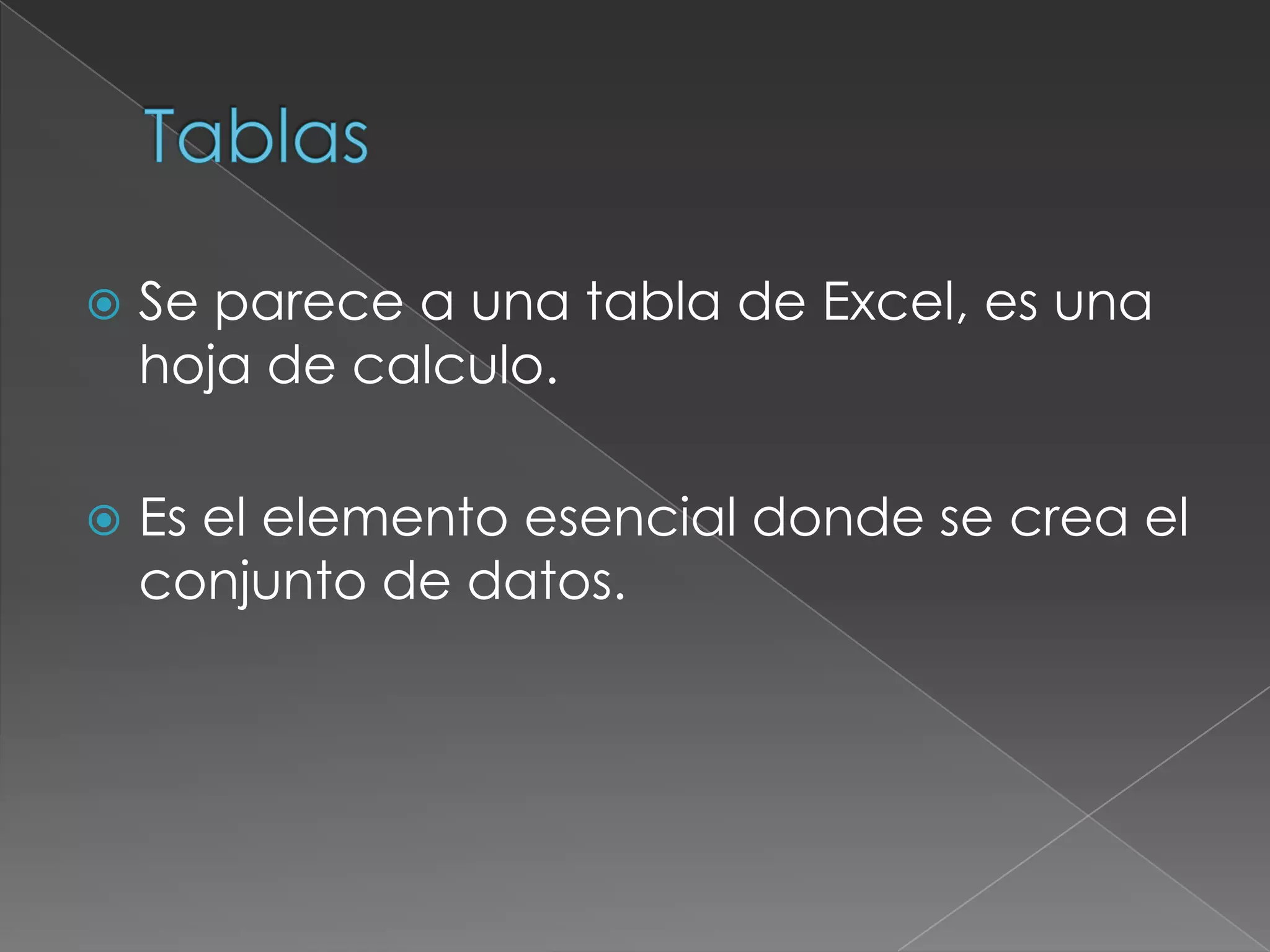    Se parece a una tabla de Excel, es una
    hoja de calculo.

   Es el elemento esencial donde se crea el
    conjunto de datos.
 