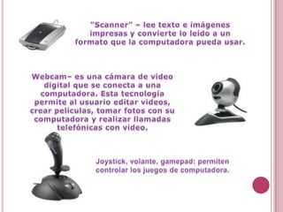 “Scanner” – lee texto e imágenes impresas y convierte lo leído a un formato que la computadora pueda usar.Webcam– es una cámara de video digital que se conecta a una computadora. Esta tecnología permite al usuario editar videos, crear películas, tomar fotos con su computadora y realizar llamadas telefónicas con video.Joystick, volante, gamepad: permiten controlar los juegos de computadora.