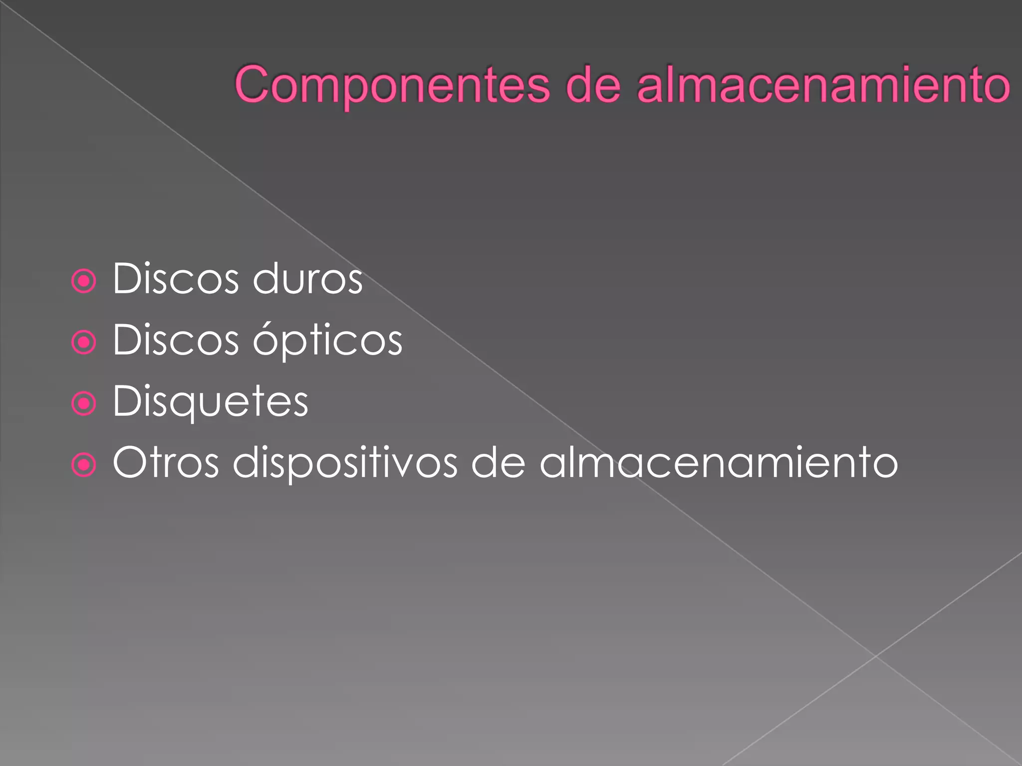 Componentes de almacenamientoDiscos durosDiscos ópticosDisquetesOtros dispositivos de almacenamiento