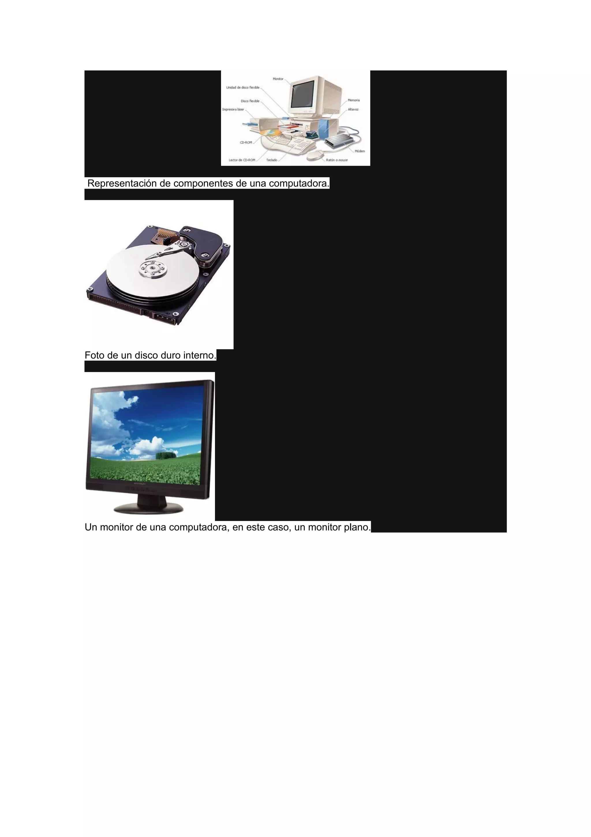 Representación de componentes de una computadora.




Foto de un disco duro interno.




Un monitor de una computadora, en este caso, un monitor plano.
 
