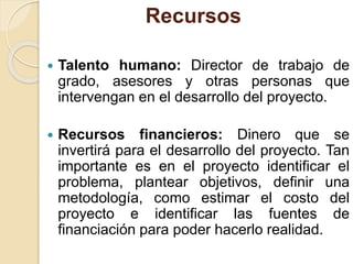 Recursos
 Talento humano: Director de trabajo de
grado, asesores y otras personas que
intervengan en el desarrollo del proyecto.
 Recursos financieros: Dinero que se
invertirá para el desarrollo del proyecto. Tan
importante es en el proyecto identificar el
problema, plantear objetivos, definir una
metodología, como estimar el costo del
proyecto e identificar las fuentes de
financiación para poder hacerlo realidad.
 