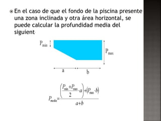  En el caso de que el fondo de la piscina presente 
una zona inclinada y otra área horizontal, se 
puede calcular la profundidad media del 
siguiente modo 
 