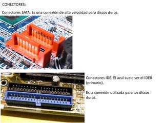 CONECTORES:
Conectores SATA. Es una conexión de alta velocidad para discos duros.




                                                 Conectores IDE. El azul suele ser el IDE0
                                                 (primario).

                                                 Es la conexión utilizada para los discos
                                                 duros.
 