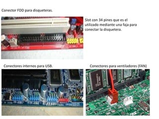 Conector FDD para disqueteras.

                                 Slot con 34 pines que es el
                                 utilizado mediante una faja para
                                 conectar la disquetera.




 Conectores internos para USB.      Conectores para ventiladores (FAN)
 