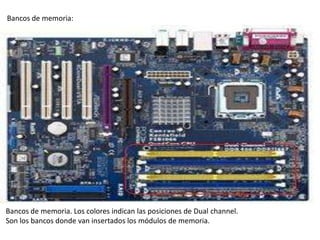 Bancos de memoria:




Bancos de memoria. Los colores indican las posiciones de Dual channel.
Son los bancos donde van insertados los módulos de memoria.
 