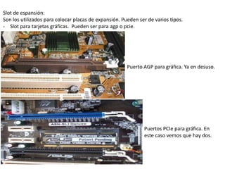 Slot de espansión:
Son los utilizados para colocar placas de expansión. Pueden ser de varios tipos.
- Slot para tarjetas gráficas. Pueden ser para agp o pcie.




                                                       Puerto AGP para gráfica. Ya en desuso.




                                                              Puertos PCIe para gráfica. En
                                                              este caso vemos que hay dos.
 