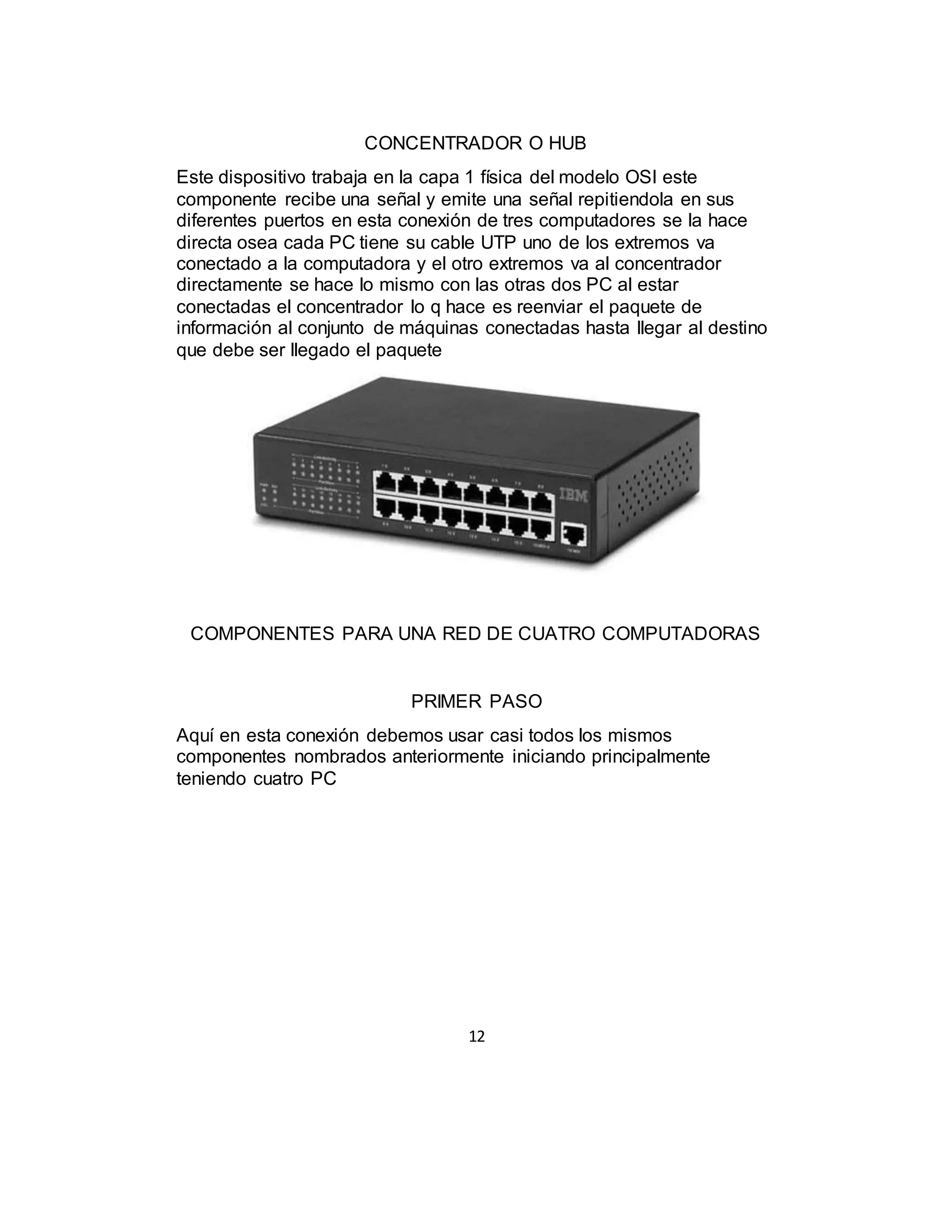12
CONCENTRADOR O HUB
Este dispositivo trabaja en la capa 1 física del modelo OSI este
componente recibe una señal y emite una señal repitiendola en sus
diferentes puertos en esta conexión de tres computadores se la hace
directa osea cada PC tiene su cable UTP uno de los extremos va
conectado a la computadora y el otro extremos va al concentrador
directamente se hace lo mismo con las otras dos PC al estar
conectadas el concentrador lo q hace es reenviar el paquete de
información al conjunto de máquinas conectadas hasta llegar al destino
que debe ser llegado el paquete
COMPONENTES PARA UNA RED DE CUATRO COMPUTADORAS
PRIMER PASO
Aquí en esta conexión debemos usar casi todos los mismos
componentes nombrados anteriormente iniciando principalmente
teniendo cuatro PC
 