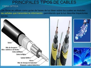 PRINCIPALES TIPOS DE CABLES
 FIBRA OPTICA
Las fibras se utilizan como guías de haces de luz láser sobre los cuales se modulan
las señales que transmiten la información, permitiendo que la luz describa trayectorias
curvas.
 