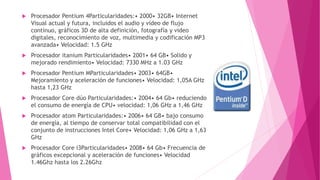  Procesador Pentium 4Particularidades:• 2000• 32GB• Internet
Visual actual y futura, incluidos el audio y video de flujo
continuo, gráficos 3D de alta definición, fotografía y video
digitales, reconocimiento de voz, multimedia y codificación MP3
avanzada• Velocidad: 1.5 GHz
 Procesador itanium Particularidades• 2001• 64 GB• Solido y
mejorado rendimiento• Velocidad: 7330 MHz a 1.03 GHz
 Procesador Pentium MParticularidades• 2003• 64GB•
Mejoramiento y aceleración de funciones• Velocidad: 1,05A GHz
hasta 1,23 GHz
 Procesador Core dúo Particularidades:• 2004• 64 Gb• reduciendo
el consumo de energía de CPU• velocidad: 1,06 GHz a 1,46 GHz
 Procesador atom Particularidades:• 2006• 64 GB• bajo consumo
de energía, al tiempo de conservar total compatibilidad con el
conjunto de instrucciones Intel Core• Velocidad: 1,06 GHz a 1,63
GHz
 Procesador Core i3Particularidades• 2008• 64 Gb• Frecuencia de
gráficos excepcional y aceleración de funciones• Velocidad
1.46Ghz hasta los 2.26Ghz
 