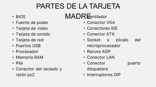 • BIOS
• Fuente de poder
• Tarjeta de video
• Tarjeta de sonido
• Tarjeta de red
• Puertos USB
• Procesador
• Memoria RAM
• Pila
• Conector del teclado y
ratón ps2
PARTES DE LA TARJETA
MADRE
• Ventilador
• Conector VGA
• Conectores IDE
• Conector ATX
• Socket o zócalo del
microprocesador
• Ranura AGP
• Conector LAN
• Conector puerto
disquetera
• Interruptores DIP
 