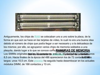 Antiguamente, los chips de RAM se colocaban uno a uno sobre la placa, de la 
forma en que aún se hace en las tarjetas de vídeo, lo cual no era una buena idea 
debido al número de chips que podía llegar a ser necesario y a la delicadeza de 
los mismos; por ello, se agruparon varios chips de memoria soldados a una 
plaquita, dando lugar a lo que se conoce como * RANURAS módulo. 
DE MEMORIA 
Los SIMMs originales Son tenían los 30 conectores conectores, de la esto memoria es, 30 principal contactos, del y ordenador, 
medían unos 
8,5 cm. Hacia finales de la época del 486 aparecieron los de 72 contactos, la RAM. 
más 
largos: unos 10,5 cm. Este proceso ha seguido hasta desembocar en los actuales 
módulos DIMM, de 168 contactos y 13 cm. 
 