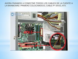 AHORA PASAMOS A CONECTAR TODOS LOS CABLES DE LA FUENTE A 
LA MAINBOARD. PRIMERO COLOCAMOS EL CABLE P1 EN EL ATX. 
 