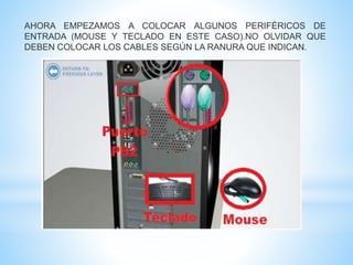 AHORA EMPEZAMOS A COLOCAR ALGUNOS PERIFÉRICOS DE 
ENTRADA (MOUSE Y TECLADO EN ESTE CASO).NO OLVIDAR QUE 
DEBEN COLOCAR LOS CABLES SEGÚN LA RANURA QUE INDICAN. 
 