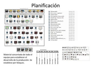 Planificación 
Material concertado de todo el 
equipo para establecer el 
desarrollo de la producción. Se 
establece por bloques. 
 
