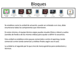 Bloques 
Se establece como la unidad de actuación, puede ser enlatado o en vivo, debe 
enumerarse todos los componentes que intervienen. 
En estos mismos, el equipo técnico asigna ayudas visuales (fotos o ideos) y audios 
(sonidos de fondo o de los mismos videos) para ayudar a definir la secuencia. 
Esta unidad se establece entre pausas comerciales o entre el opening y tanda 
comercial o entre tanda comercial y créditos finales según sea el caso. 
La unidad es el segundo por lo que sirve de marco genérico para conductores y 
técnicos. 
 
