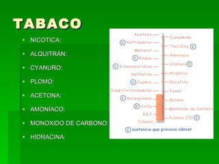 TABACO NICOTICA: ALQUITRÁN:  CYANURO:  PLOMO:  ACETONA:  AMONÍACO:  MONOXIDO DE CARBONO:  HIDRACINA: 