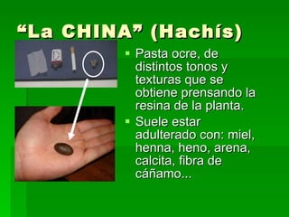 “La CHINA” (Hachís) Pasta ocre, de distintos tonos y texturas que se obtiene prensando la resina de la planta. Suele estar adulterado con: miel, henna, heno, arena, calcita, fibra de cáñamo... 