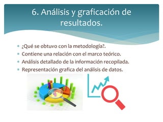  ¿Qué se obtuvo con la metodología?.
 Contiene una relación con el marco teórico.
 Análisis detallado de la información recopilada.
 Representación grafica del análisis de datos.
6. Análisis y graficación de
resultados.
 