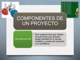 COMPONENTES DE
UN PROYECTO
• Son sugerencias que realiza
el autor para que el lector
tenga claridad en lo temas
tratados y pueda dar solución
a un problema.
RECOMENDACIÓN
 