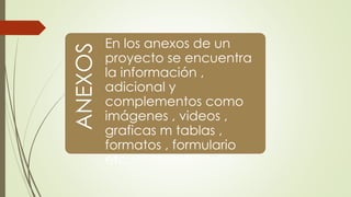 ANEXOS
En los anexos de un
proyecto se encuentra
la información ,
adicional y
complementos como
imágenes , videos ,
graficas m tablas ,
formatos , formulario
etc.
 
