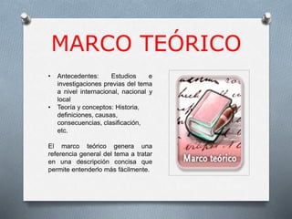 MARCO TEÓRICO
• Antecedentes: Estudios e
investigaciones previas del tema
a nivel internacional, nacional y
local
• Teoría y conceptos: Historia,
definiciones, causas,
consecuencias, clasificación,
etc.
El marco teórico genera una
referencia general del tema a tratar
en una descripción concisa que
permite entenderlo más fácilmente.
 
