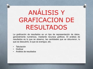 ANÁLISIS Y
GRAFICACION DE
RESULTADOS
La graficación de resultados es un tipo de representación de datos,
generalmente numéricos, mediante recursos gráficos. El análisis de
resultados es lo que se observo, las cantidades que se obtuvieron, lo
que se descubrió, lo que se averiguo, etc.
• Tabulación
• Graficar
• Análisis de resultados
 