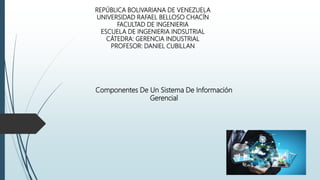 REPÚBLICA BOLIVARIANA DE VENEZUELA
UNIVERSIDAD RAFAEL BELLOSO CHACÍN
FACULTAD DE INGENIERIA
ESCUELA DE INGENIERIA INDSUTRIAL
CÁTEDRA: GERENCIA INDUSTRIAL
PROFESOR: DANIEL CUBILLAN
Componentes De Un Sistema De Información
Gerencial
 