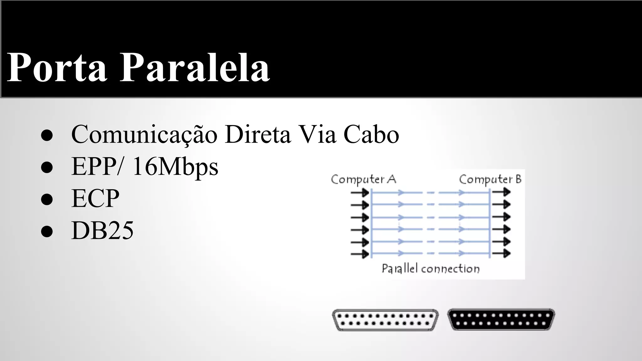Porta Paralela
●
●
●
●

Comunicação Direta Via Cabo
EPP/ 16Mbps
ECP
DB25

 