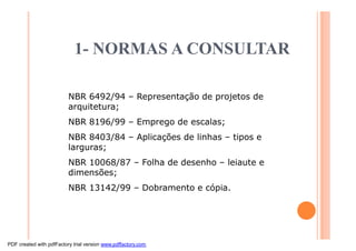 1- NORMAS A CONSULTAR
NBR 6492/94 – Representação de projetos de
arquitetura;
NBR 8196/99 – Emprego de escalas;
NBR 8403/84 – Aplicações de linhas – tipos e
larguras;
NBR 10068/87 – Folha de desenho – leiaute e
dimensões;
NBR 13142/99 – Dobramento e cópia.
PDF created with pdfFactory trial version www.pdffactory.com
 