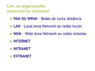 Com as organizações
conectam os sistemas?
 PAN OU WPAN – Redes de curta distância
 LAN – Local Area Network ou redes locais
 WAN – Wide Area Network ou redes remotas
 INTERNET
 INTRANET
 EXTRANET
 