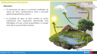 GEOLOGIA E MÉTODOS
Geologia 10.° ano |
Hidrosfera
― O movimento da água é o principal modelador do
relevo da Terra, constituindo-se como o principal
agente de geodinâmica externa.
― A circulação da água na Terra envolve os outros
subsistemas num movimento denominado ciclo
hidrológico, em que a força da gravidade e a energia
solar são os seus principais motores.
Subsistemas terrestres
Evaporação
Escorrência
superficial
Evapotranspiração
Precipitação
Condensação
Infiltração
Fig. 5 – Ciclo hidrológico.
 
