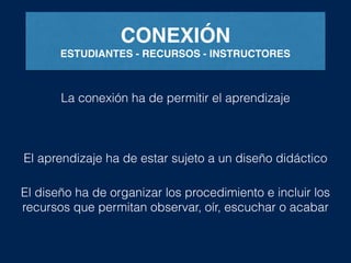CONEXIÓN
ESTUDIANTES - RECURSOS - INSTRUCTORES
La conexión ha de permitir el aprendizaje
El aprendizaje ha de estar sujeto a un diseño didáctico
El diseño ha de organizar los procedimiento e incluir los
recursos que permitan observar, oír, escuchar o acabar
 
