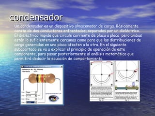 condensador Un condensador es un dispositivo almacenador de carga. Básicamente consta de dos conductores enfrentados, separados por un dieléctrico. El dieléctrico impide que circule corriente de placa a placa, pero ambas están lo suficientemente cercanas como para que las distribuciones de carga generadas en una placa afecten a la otra. En el siguiente subapartado se va a explicar el principio de operación de este componente, para pasar posteriormente al análisis matemático que permitirá deducir la ecuación de comportamiento.  
