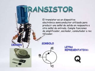 El transistor es un dispositivo
electrónico semiconductor utilizado para
producir una señal de salida en respuesta a
otra señal de entrada. Cumple funciones
de amplificador, oscilador, conmutador o rec
tificador.
 