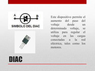 DIAC
Este dispositivo permite el
aumento del paso del
voltaje desde un
determinado voltaje, se
utiliza para regular el
voltaje en las cargas
conectadas a la red
eléctrica, tales como los
motores.
 