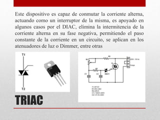 TRIAC
Este dispositivo es capaz de conmutar la corriente alterna,
actuando como un interruptor de la misma, es apoyado en
algunos casos por el DIAC, elimina la intermitencia de la
corriente alterna en su fase negativa, permitiendo el paso
constante de la corriente en un circuito, se aplican en los
atenuadores de luz o Dimmer, entre otras
 