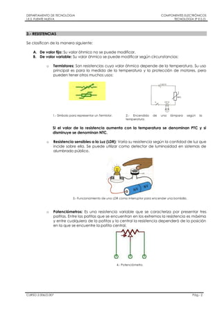 DEPARTAMENTO DE TECNOLOGIA
I.E.S. FUENTE NUEVA
COMPONENTES ELECTRÓNICOS
TECNOLOGÍA 3º E.S.O.
CURSO 2.006/2.007 Pág.- 2
3.- RESISTENCIAS
Se clasifican de la manera siguiente:
A. De valor fijo: Su valor óhmico no se puede modificar.
B. De valor variable: Su valor óhmico se puede modificar según circunstancias:
o Termistores: Son resistencias cuyo valor óhmico depende de la temperatura. Su uso
principal es para la medida de la temperatura y la protección de motores, pero
pueden tener otros muchos usos:
1.- Símbolo para representar un Termistor. 2.- Encendido de una lámpara según la
temperatura.
Si el valor de la resistencia aumenta con la temperatura se denominan PTC y si
disminuye se denominan NTC.
o Resistencia sensibles a la Luz (LDR): Varía su resistencia según la cantidad de luz que
incide sobre ella. Se puede utilizar como detector de luminosidad en sistemas de
alumbrado público.
3.- Funcionamiento de una LDR como interruptor para encender una bombilla.
o Potenciómetros: Es una resistencia variable que se caracteriza por presentar tres
patitas. Entre las patitas que se encuentran en los extremos la resistencia es máxima
y entre cualquiera de la patitas y la central la resistencia dependerá de la posición
en la que se encuentre la patita central.
4.- Potenciómetro.
 
