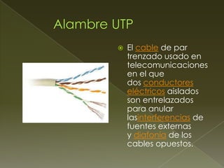 

El cable de par
trenzado usado en
telecomunicaciones
en el que
dos conductores
eléctricos aislados
son entrelazados
para anular
lasinterferencias de
fuentes externas
y diafonía de los
cables opuestos.

 