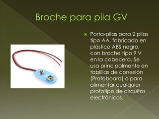 

Porta-pilas para 2 pilas
tipo AA, fabricado en
plástico ABS negro,
con broche tipo 9 V
en la cabecera. Se
usa principalmente en
tablillas de conexión
(Protoboard) o para
alimentar cualquier
prototipo de circuitos
electrónicos.

 