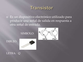 Es un dispositivo electrónico utilizado para
producir una señal de salida en respuesta a
otra señal de entrada.
SIMBOLO:
DIBUJO:
LETRA: Q
 