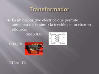  Es un dispositivo eléctrico que permite
aumentar o disminuir la tensión en un circuito
eléctrico.
SIMBOLO:
DIBUJO:
LETRA: TR
 