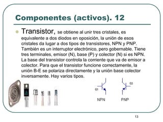 13
Componentes (activos). 12
 Transistor, se obtiene al unir tres cristales, es
equivalente a dos diodos en oposición, la unión de esos
cristales da lugar a dos tipos de transistores, NPN y PNP.
También es un interruptor electrónico, pero gobernable. Tiene
tres terminales, emisor (N), base (P) y colector (N) si es NPN.
La base del transistor controla la corriente que va de emisor a
colector. Para que el transistor funcione correctamente, la
unión B-E se polariza directamente y la unión base colector
inversamente. Hay varios tipos.
 