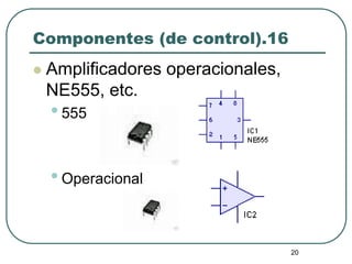 20
Componentes (de control).16
 Amplificadores operacionales,
NE555, etc.
•555
•Operacional
 