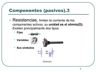 4
Componentes (pasivos).3
 Resistencias, limitan la corriente de los
componentes activos, su unidad es el ohmio(Ω).
Existen principalmente dos tipos:
• Fijas
• Variables
• Sus símbolos
 