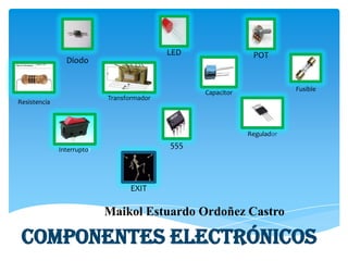 LED                POT
                Diodo


                                                                          Fusible
                                                  Capacitor
                            Transformador
Resistencia



                                                              Regulador

              Interruptor
                                            555



                                  EXIT

                Expositor: Maikol      Estuardo Ordoñez Castro

 Componentes Electrónicos
 