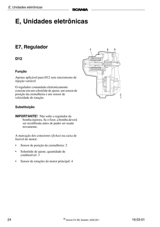 24 ©
Scania CV AB, Sweden, 2002-09:1 16:03-01
E, Unidades eletrônicas
E7, Regulador
D12
Função
Apenas aplicável para D12 sem sincronismo de
injeção variável
O regulador comandado eletronicamente
consiste em um solenóide de ajuste, um sensor de
posição da cremalheira e um sensor de
velocidade de rotação.
Substituição
IMPORTANTE! Não solte o regulador da
bomba injetora. Se o fizer, a bomba deverá
ser recalibrada antes de puder ser usada
novamente.
A marcação dos conectores (fichas) na caixa de
fusível do motor:
• Sensor de posição da cremalheira: 2
• Solenóide de ajuste, quantidade de
combustível: 3
• Sensor de rotações do motor principal: 4
E, Unidades eletrônicas
 