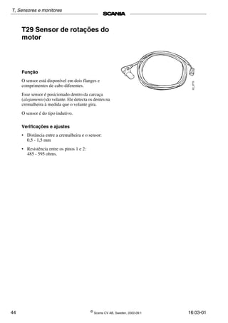 44 ©
Scania CV AB, Sweden, 2002-09:1 16:03-01
T29 Sensor de rotações do
motor
Função
O sensor está disponível em dois flanges e
comprimentos de cabo diferentes.
Esse sensor é posicionado dentro da carcaça
(alojamento) do volante. Ele detecta os dentes na
cremalheira à medida que o volante gira.
O sensor é do tipo indutivo.
Verificações e ajustes
• Distância entre a cremalheira e o sensor:
0,5 ­ 1,5 mm
• Resistência entre os pinos 1 e 2:
485 ­ 595 ohms.
T, Sensores e monitores
 