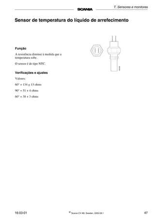 16:03-01 ©
Scania CV AB, Sweden, 2002-09:1 47
Sensor de temperatura do líquido de arrefecimento
Função
A resistência diminui à medida que a
temperatura sobe.
O sensor é do tipo NTC.
Verificações e ajustes
Valores:
60° = 134 + 13 ohms
90° = 51 + 4 ohms
60° = 38 + 3 ohms
103722
T, Sensores e monitores
 