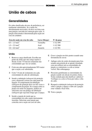 16:03-01 ©
Scania CV AB, Sweden, 2002-09:1 5
União de cabos
Generalidades
Os cabos danificados devem, de preferência, ser
totalmente substituídos. Se a união for
absolutamente necessária, ela deve ser feita com
uma junção e um tubo de contração pelo calor. A
junção selecionada é determinada pela seção em
cruz do condutor.
União
1 Remova a peça danificada. Escolha um
ponto de união que não esteja sujeito à
flexão. Corte 7­8 mm de isolamento das
extremidades que vão ser unidas.
2 Corte um cabo aproximadamente 50% maior
que a seção a ser substituída.
3 Corte 7­8 mm de isolamento em cada
extremidade do cabo de substituição.
4 Instale a tubulação (tubagem) de proteção
com a dimensão correta em cada ponto de
ligação. O comprimento da tubulação
(tubagem) de proteção deve ser três vezes o
comprimento da junção. Se o espaço entre os
pontos de união for pequeno, poderá ser
suficiente usar um pedaço da tubulação
(tubagem) que seja mais longo que o espaço.
5 Instale a junção de modo que as
extremidades do cabo sejam inteiramente
inseridas. Selecione uma junção que
coincida com a seção em cruz do cabo.
Área de seção em cruz do cabo Luva (Manga) N° da peça
0,5 – 1,5 mm2 Vermelha 1 112 499
1,5 – 2,5 mm2 Azul 1 112 500
3,0 – 6,0 mm2 Amarela 1 112 501
6 Crave a junção em dois pontos usando uma
ferramenta de cravar.
7 Aplique calor do centro da junção para fora
usando uma pistola de ar quente (instalada
com um refletor) até as extremidades da
junção se contrairem e a cola se tornar
visível. Não sobreaqueça.
8 Pressione gentilmente as extremidades da
junção usando um alicate de pontas chatas.
Tome cuidado para não danificar o plástico!
Verifique se a cola se fixou por toda a volta
do cabo.
9 Rosqueie a tubulação (tubagem) de proteção
sobre a junção e aqueça o tubo até a junção
estar vedada e ficar forte.
10 Teste a junção.
A, Instruções gerais
 