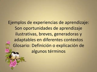 Ejemplos de experiencias de aprendizaje: Son oportunidades de aprendizaje ilustrativas, breves, generadoras y adaptables en diferentes contextosGlosario: Definición o explicación de algunos términos